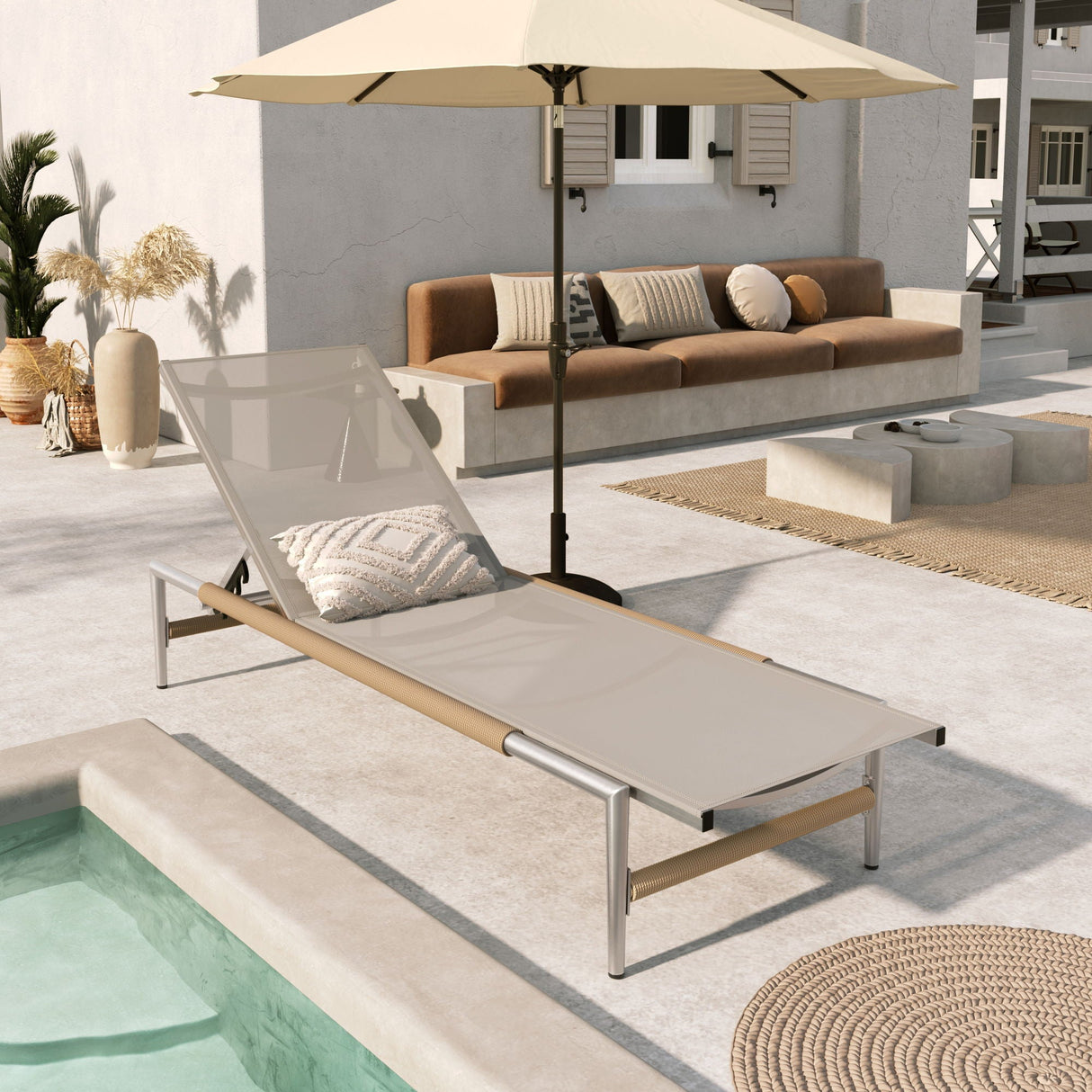 Hargrove - Outdoor Patio Aluminun Chaise Lounge, Outdoor Mesh Seat - Natural / Silver by Couch.com