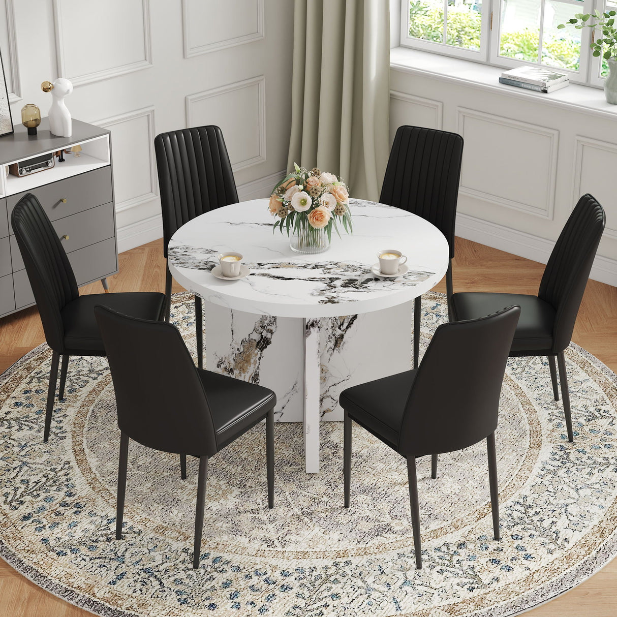7 Piece Round Dining Table Set, Modern Round Table And 6 Upholstered Chairs For Dining Room, Kitchen Room, Living Room - White / Black by Couch.com