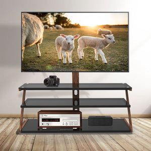 Tempered Glass Height Adjustable Universal Swivel Glass Floor Media Storage Stand With Mount Heat-Transferred Printing Metal Tube, Walnut / Black - Walnut / Black by Couch.com