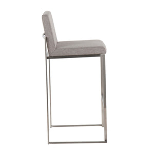 Side view of the Fuji - Contemporary And Modern Elegance High Back Barstool featuring a light grey cushioned seat and backrest, supported by a sleek, rectangular silver metal frame.
