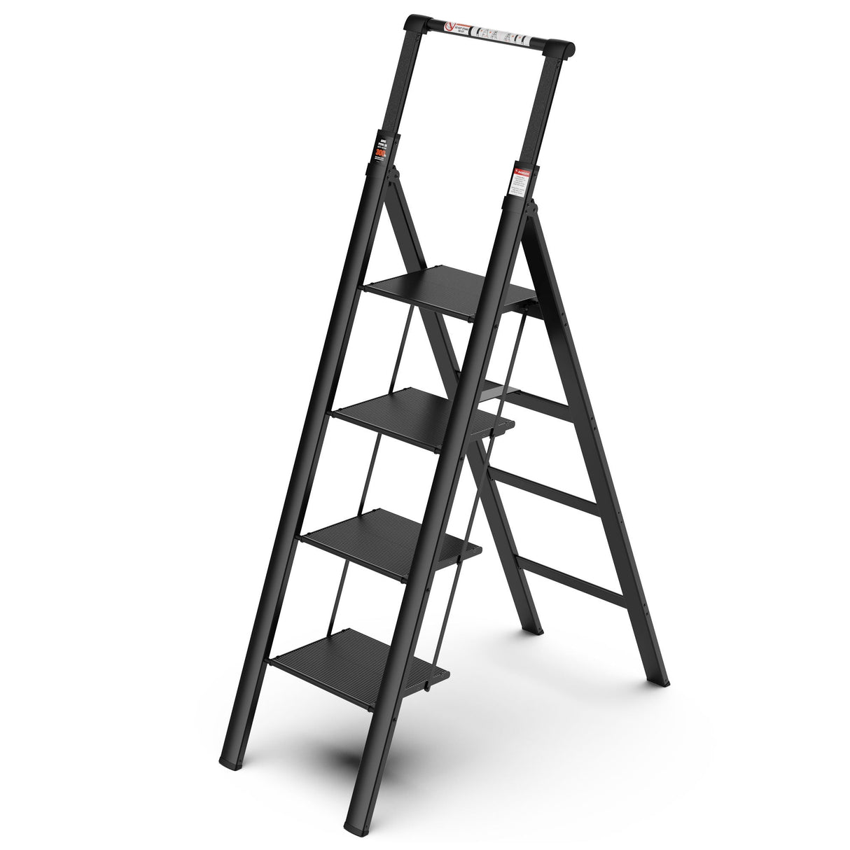 4 Step Ladder, Retractable Handgrip Folding Step Stool With Anti-Slip Wide Pedal, Aluminum Step Ladders 4 Steps, 300Lbs Safety Household Ladder - Black by Couch.com