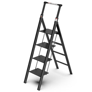 4 Step Ladder, Retractable Handgrip Folding Step Stool With Anti-Slip Wide Pedal, Aluminum Step Ladders 4 Steps, 300Lbs Safety Household Ladder - Black by Couch.com