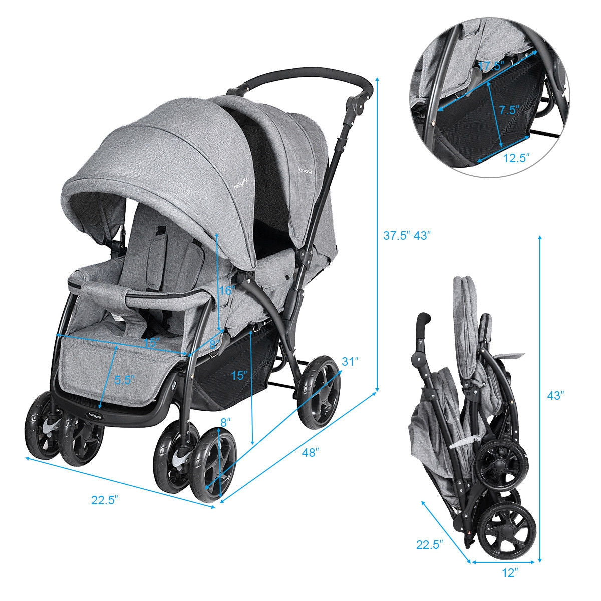 Foldable Lightweight Front Back Seats Double Baby Stroller-Black