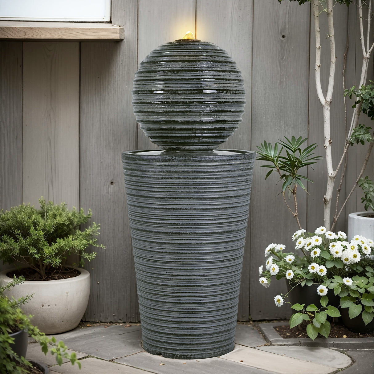 31.5' Tall Striped Concrete Column Fountain with LED Light