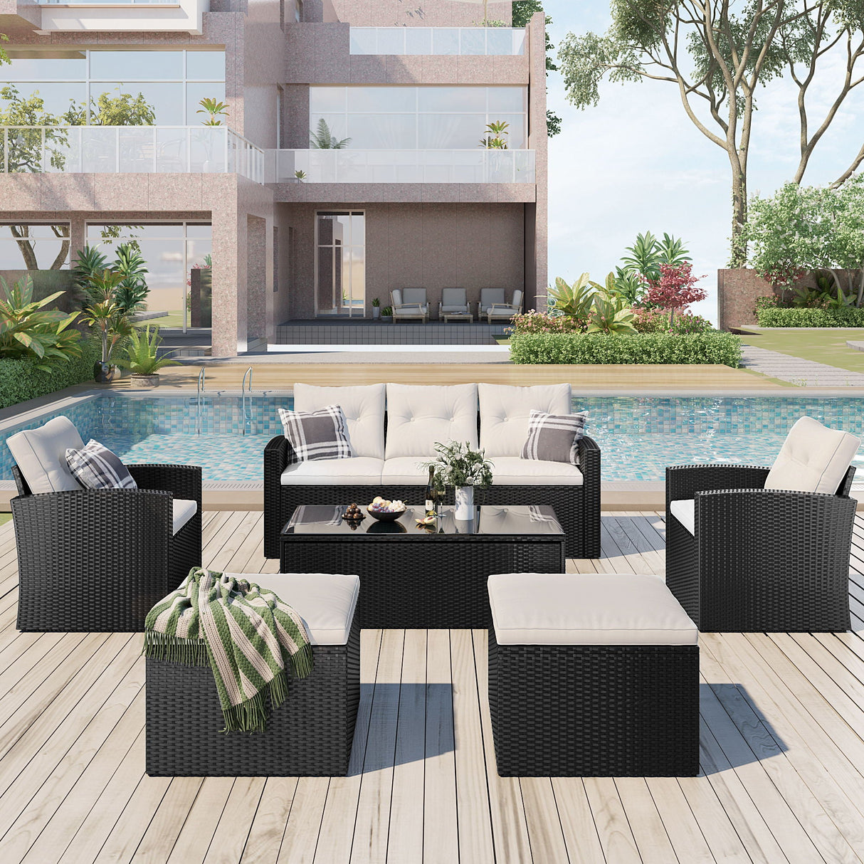 All-Weather Wicker PE Rattan Patio Outdoor Dining Conversation Sectional Set With Coffee Table, Wicker Sofas, Ottomans, Removable Cushions by Couch.com