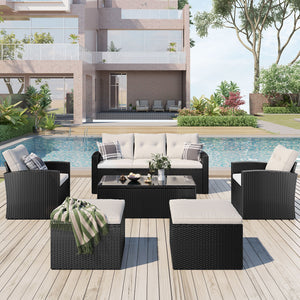 All-Weather Wicker PE Rattan Patio Outdoor Dining Conversation Sectional Set With Coffee Table, Wicker Sofas, Ottomans, Removable Cushions by Couch.com