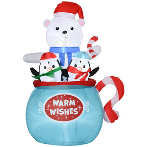 Outsunny 5ft Christmas Inflatable Outdoor Decoration Blessed Polar Bear and Penguins in the Cup