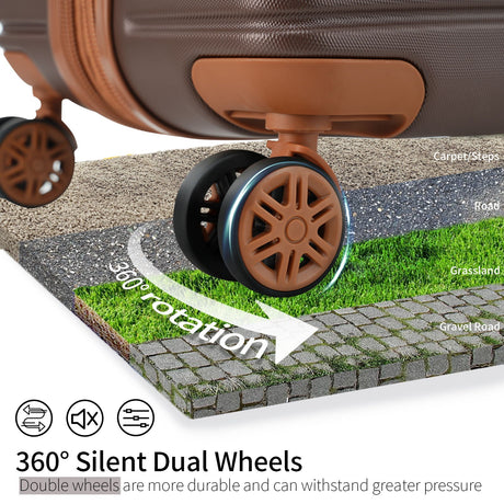 A close-up of the 4 Piece Luggage Suitcase Set's brown dual wheels highlights their 360-degree rotation. Shown on carpet, grass, road, and gravel, these wheels demonstrate durability and smooth movement across various terrains.