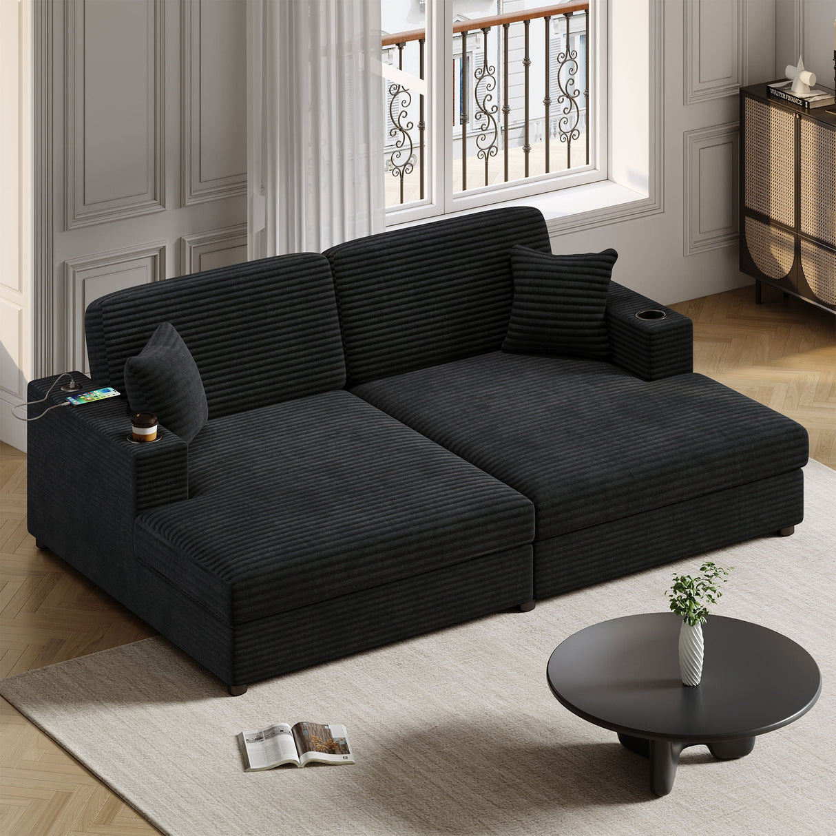 Oversized Loveseat Chaise With 2 USB Ports, 2 Cup Holders And 2 Throw Pillows by Couch.com