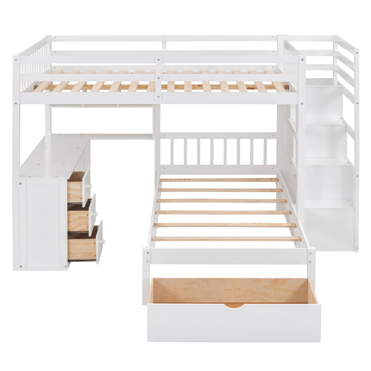 The Bunk Bed With Desk, Drawers, and Shelves is a white L-shaped loft bed featuring wooden slats, built-in ladder, integrated drawer storage, shelves for organization, two levels for sleeping or storage, and an open space underneath for versatility.