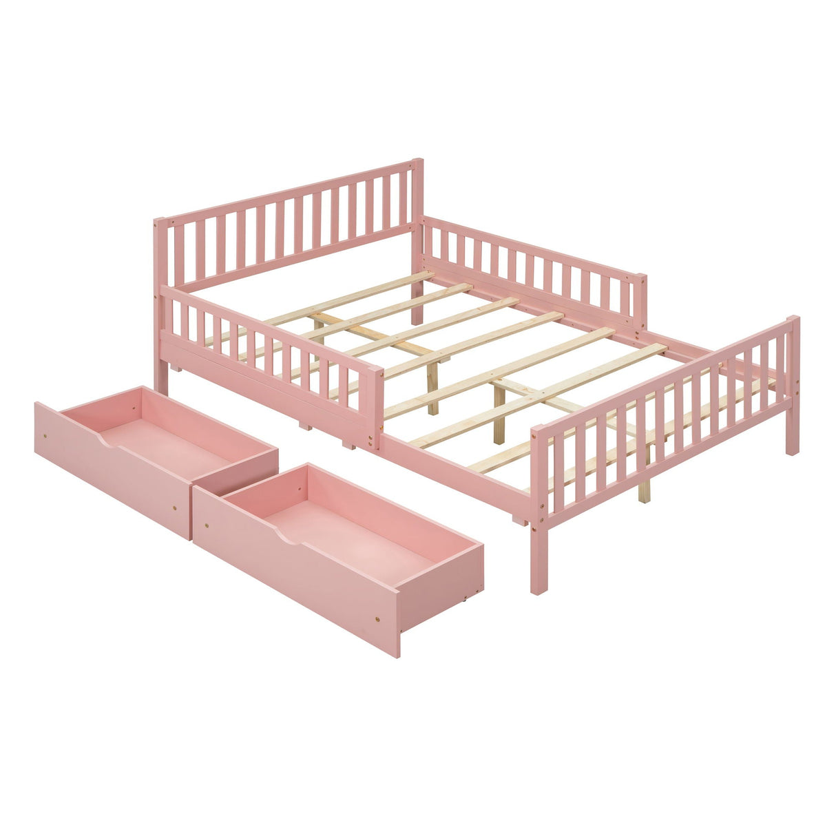 Pink wooden Platform Bed with guardrails, slatted headboard, and footboard. Includes two matching under-bed storage drawers shown in front, displayed without a mattress.