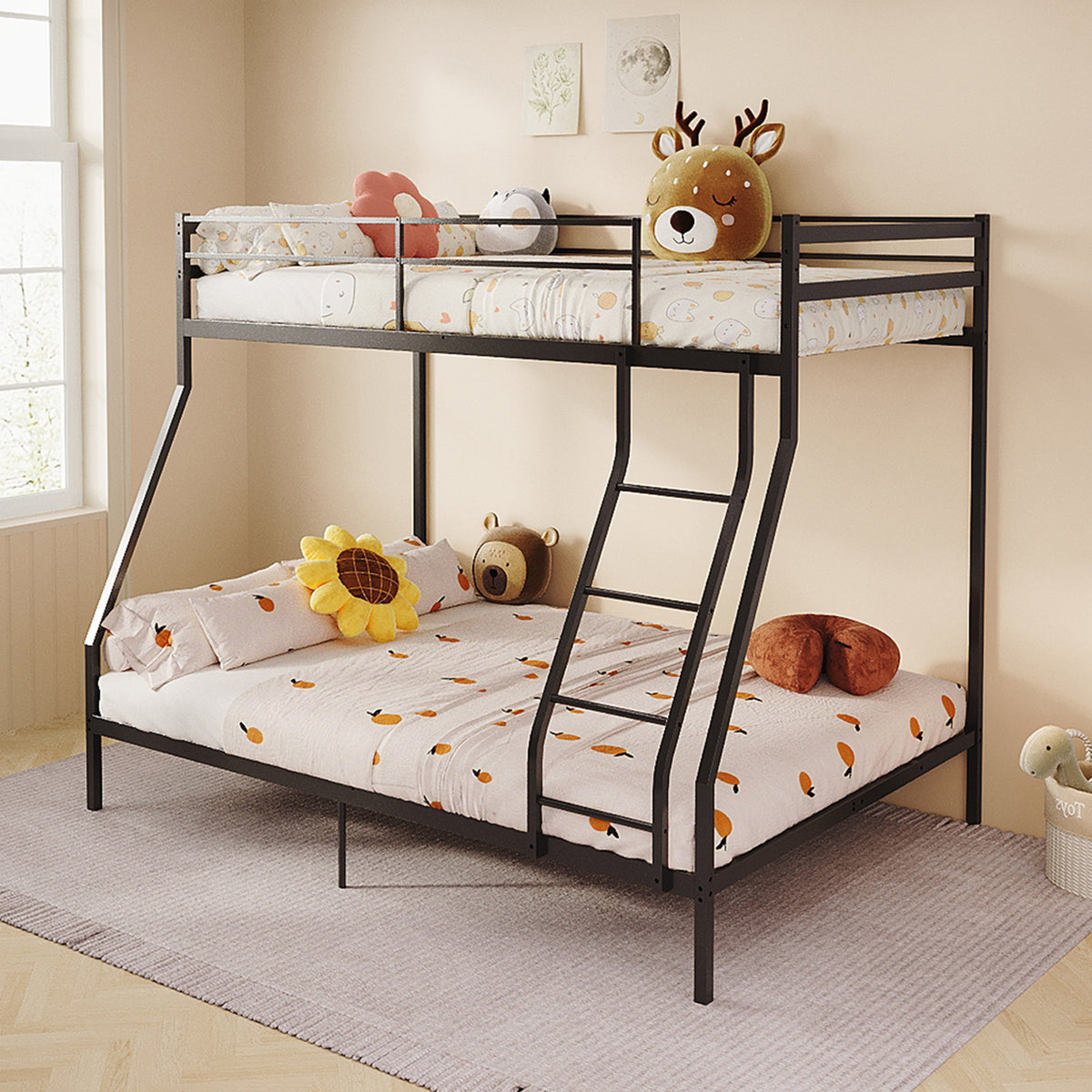 Twin Over Full Bunk Bed, Heavy Duty Metal Bunk Bed Frame with Anti-Slip Ladder & Safety Guardrails, Space-Saving Bunkbeds for Kids Teens Adults, 8.6' Under-Bed Storage, Black