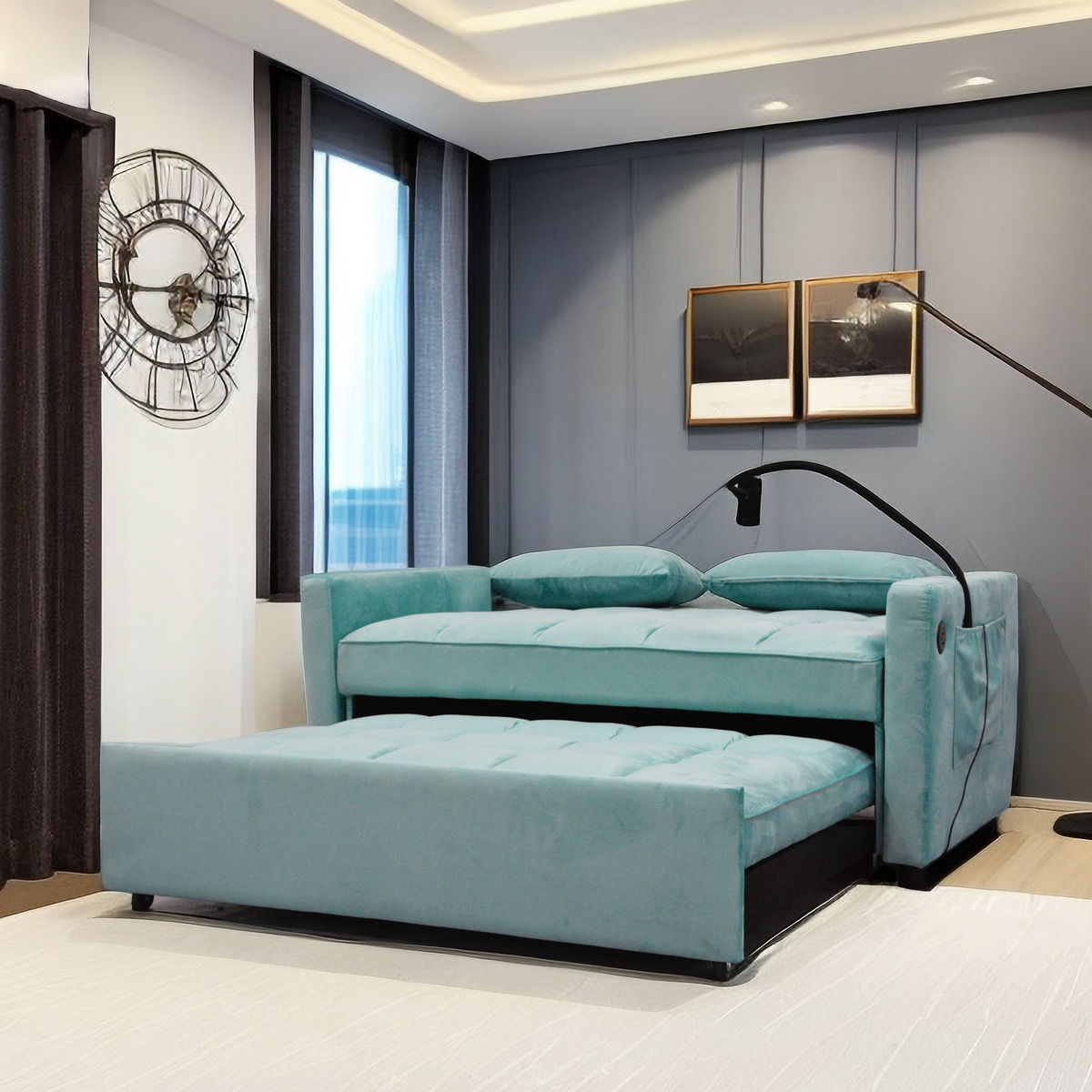 3 In 1 Convertible Sleeper Sofa Bed, Modern Velvet Fabric Futon Sofa Couch Pullout Bed, Adjustable Backrest With Three USB Ports, Two Side Pockets, Two Cup Holders And Swivel Phone Holder by Couch.com