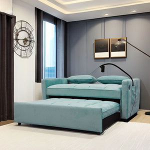 3 In 1 Convertible Sleeper Sofa Bed, Modern Velvet Fabric Futon Sofa Couch Pullout Bed, Adjustable Backrest With Three USB Ports, Two Side Pockets, Two Cup Holders And Swivel Phone Holder by Couch.com