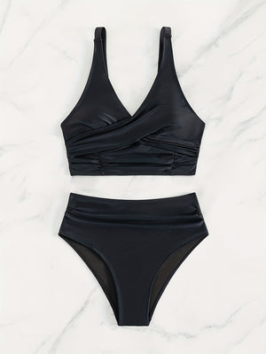 Bikini Solid Black Twist Front High Waist 2 Piece Swimsuit for Women – Stretchy V Neck Bikini Set with Ruched Tummy Control and Cross Strape Detail – Quick Drying Polyamide Swimwear for Beachwear Poolside and Summer Travel