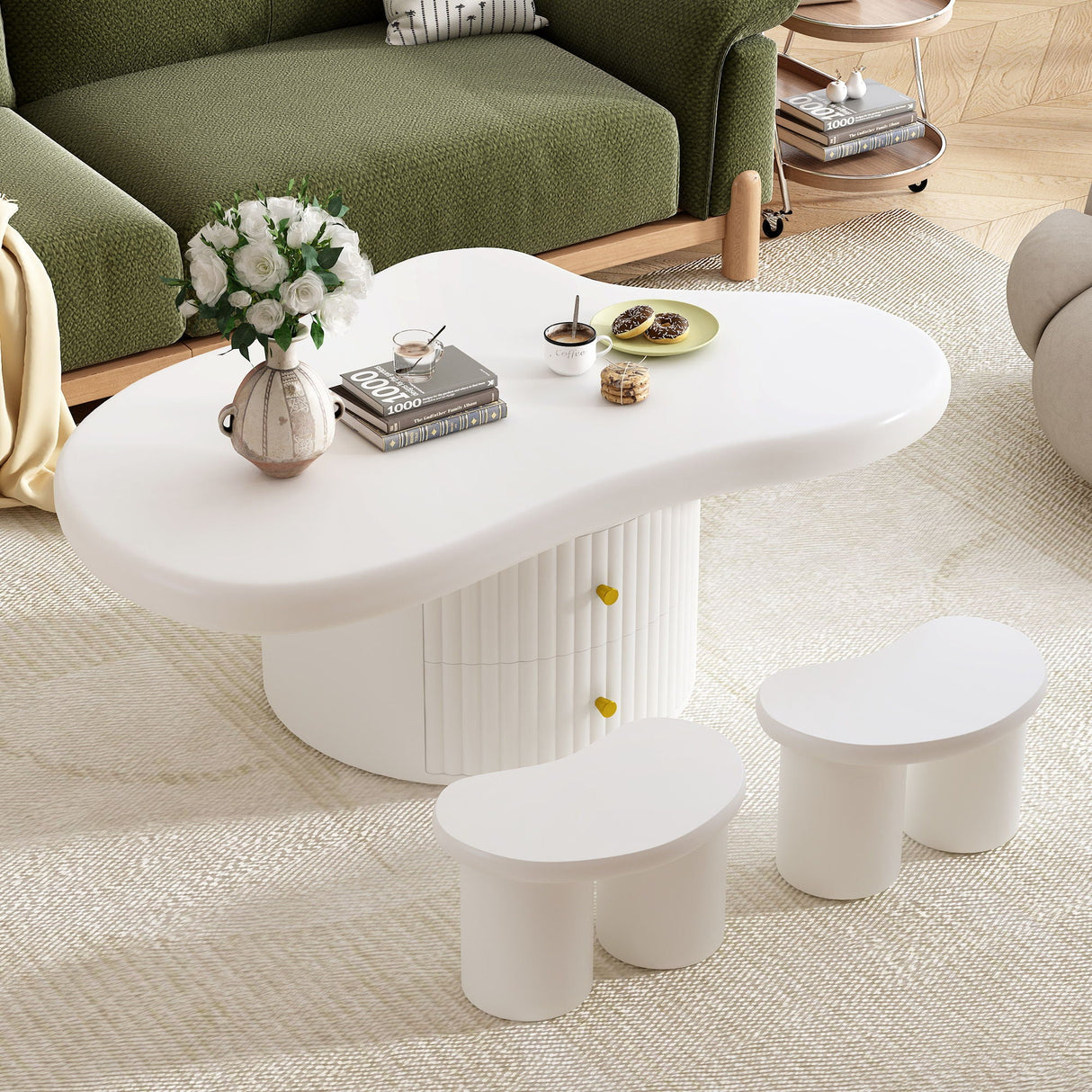 Couch.com Cloud Coffee Table (Set of 3), Irregular Shape Coffee Table With 2 Drawers, 2 Small Stools For Living Room White, Set of 2, with Storage, Durable Design, Wood Construction, White Finish by Couch.com