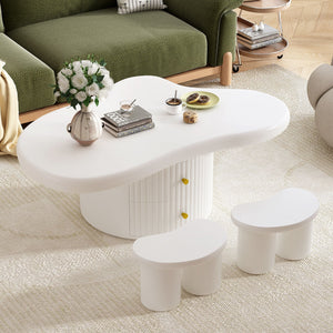 Couch.com Cloud Coffee Table (Set of 3), Irregular Shape Coffee Table With 2 Drawers, 2 Small Stools For Living Room White, Set of 2, with Storage, Durable Design, Wood Construction, White Finish by Couch.com