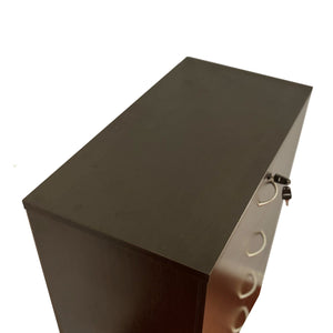 A black 5-drawer chest with metal handles and a lock on the top drawer, featuring melamine laminate and metal glide rails, is positioned against a plain white background.