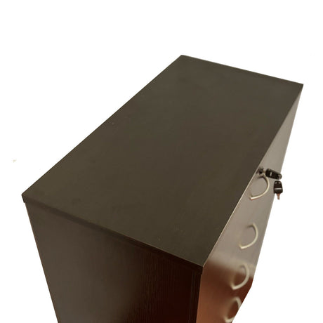 A black 5-drawer chest with metal handles and a lock on the top drawer, featuring melamine laminate and metal glide rails, is positioned against a plain white background.