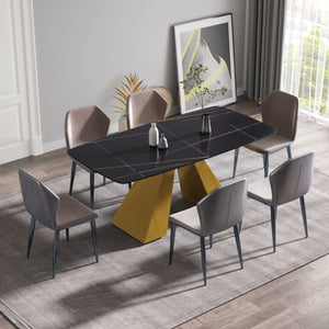 70.87" Modern Artificial Stone Curved Metal Leg Dining Table, Can Accommodate 6-8 People - Black / Gold by Couch.com