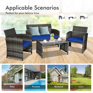 4 Pcs Patio Rattan Furniture Set Top Sofa With Glass Table-White