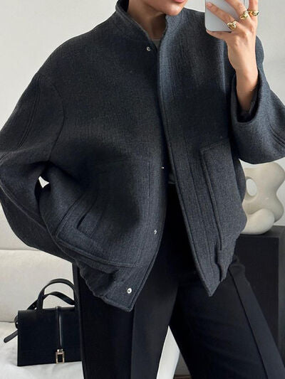 Autumn Casual Full Size Drop Shoulder Snap Down Jacket with Buttoned Front and Pockets