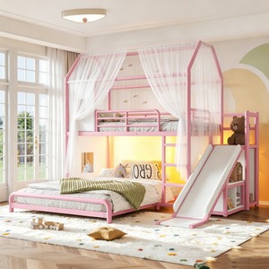 Twin over Full Playhouse Metal Bunk Bed with Slide & Ladder, House-Style Bunk Bed with LED Light Strip, Privacy Curtain, Movable Storage Cabinet and Hanging Rod, Twin over Full Kids Bunk Bed, Pink