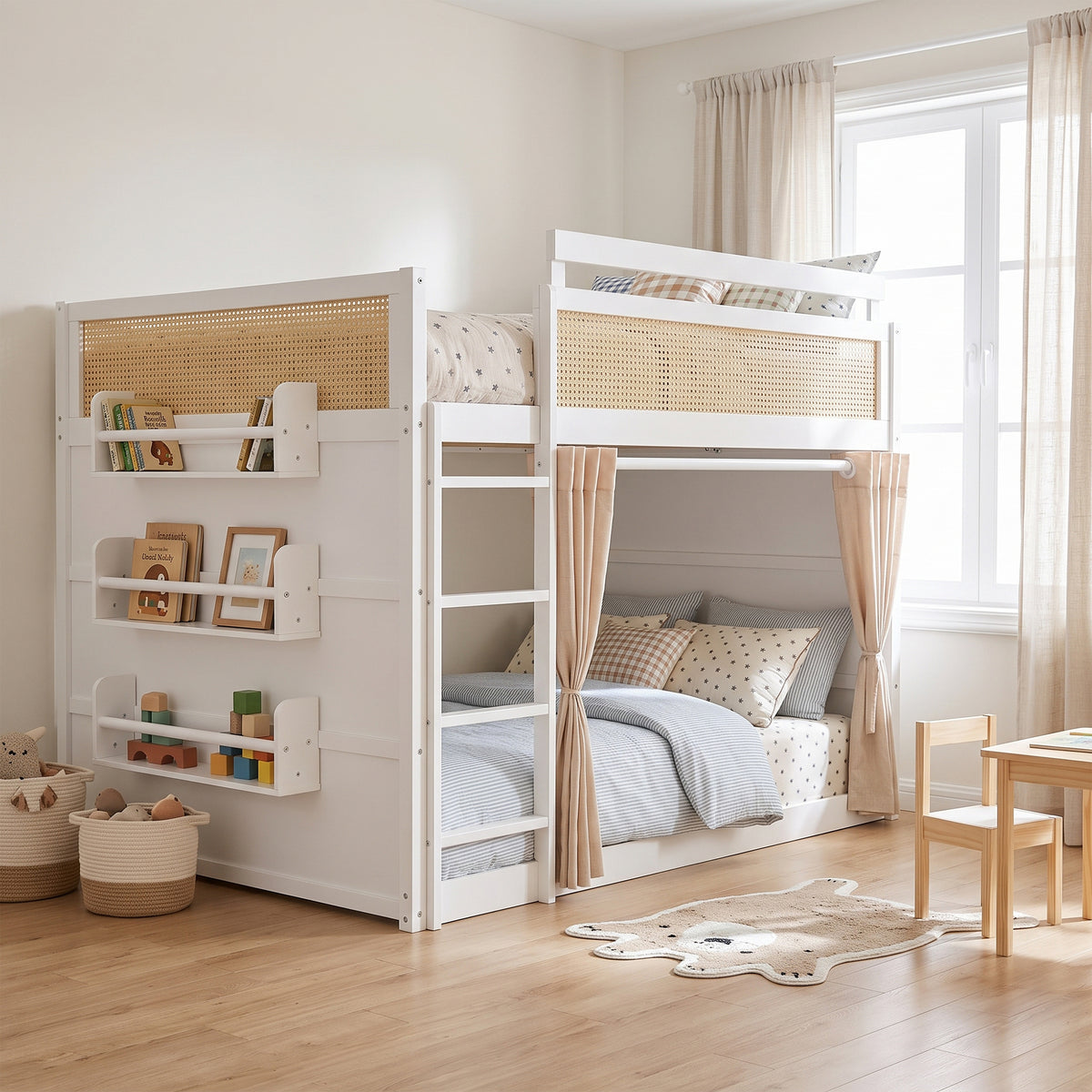 Full Size Bunk Bed with 3-Tier Storage Shelf, Rattan Decor, Privacy Curtains & Lights, Modern Wood Bunk Bed Frame-White
