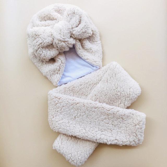 Baby Cotton Hat  Autumn Winter Children Scarf Hat Sets  Bowknot Ear Baby Girl Boy Warm Beanies Cap Neck Warmer Scarf Fleece Balaclava Hood Ski Mask Cold Weather Face Mask Neck Warmer Winter Nose Warmer