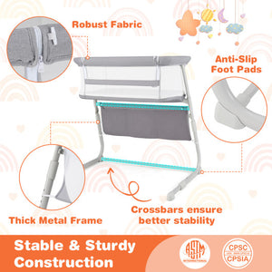 Baby Bassinet Bedside Crib with Adjustable Height Comfy Mattress-Gray