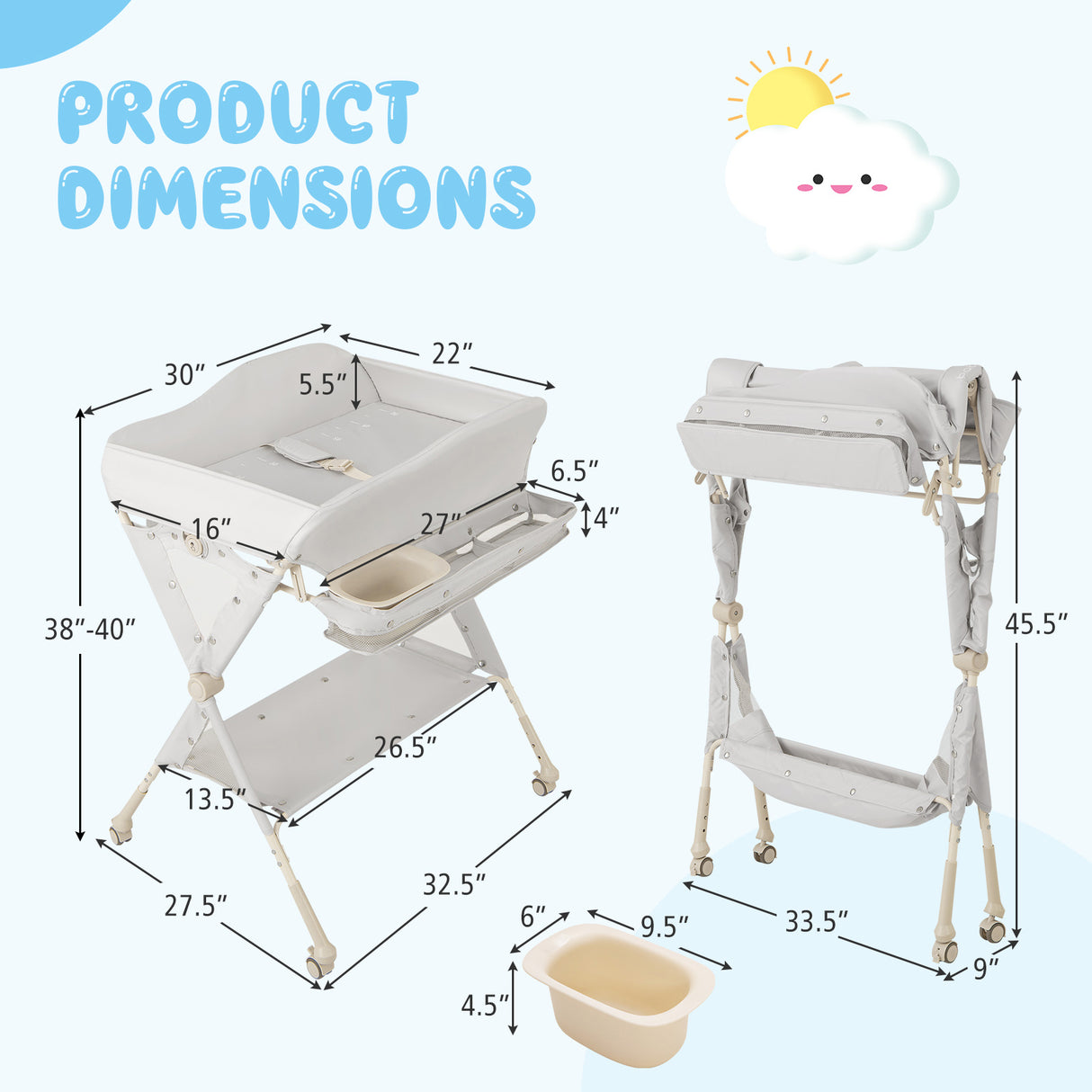 Baby Diaper Changing Table with Water Basin Wheel-Green