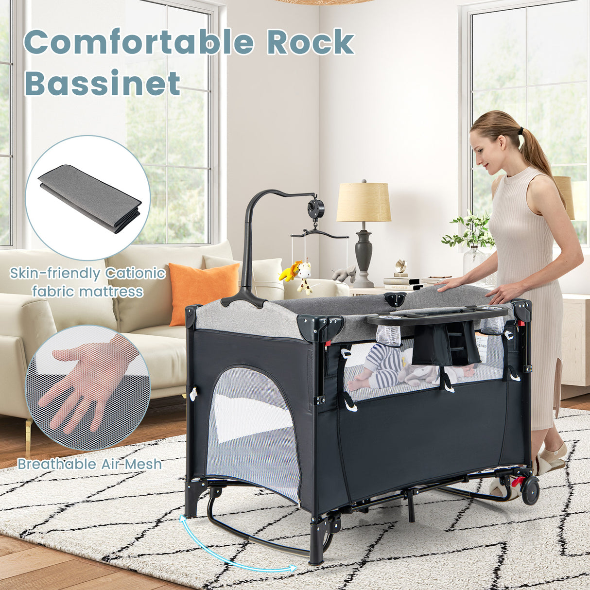 5-in-1 Baby Nursery Center Foldable Toddler Bedside Crib with Music Box-Black