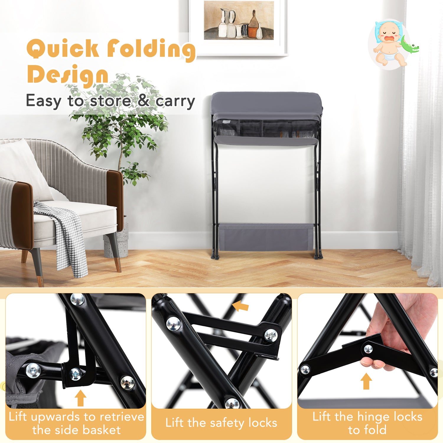 Baby Storage Folding Diaper Changing Table-Gray