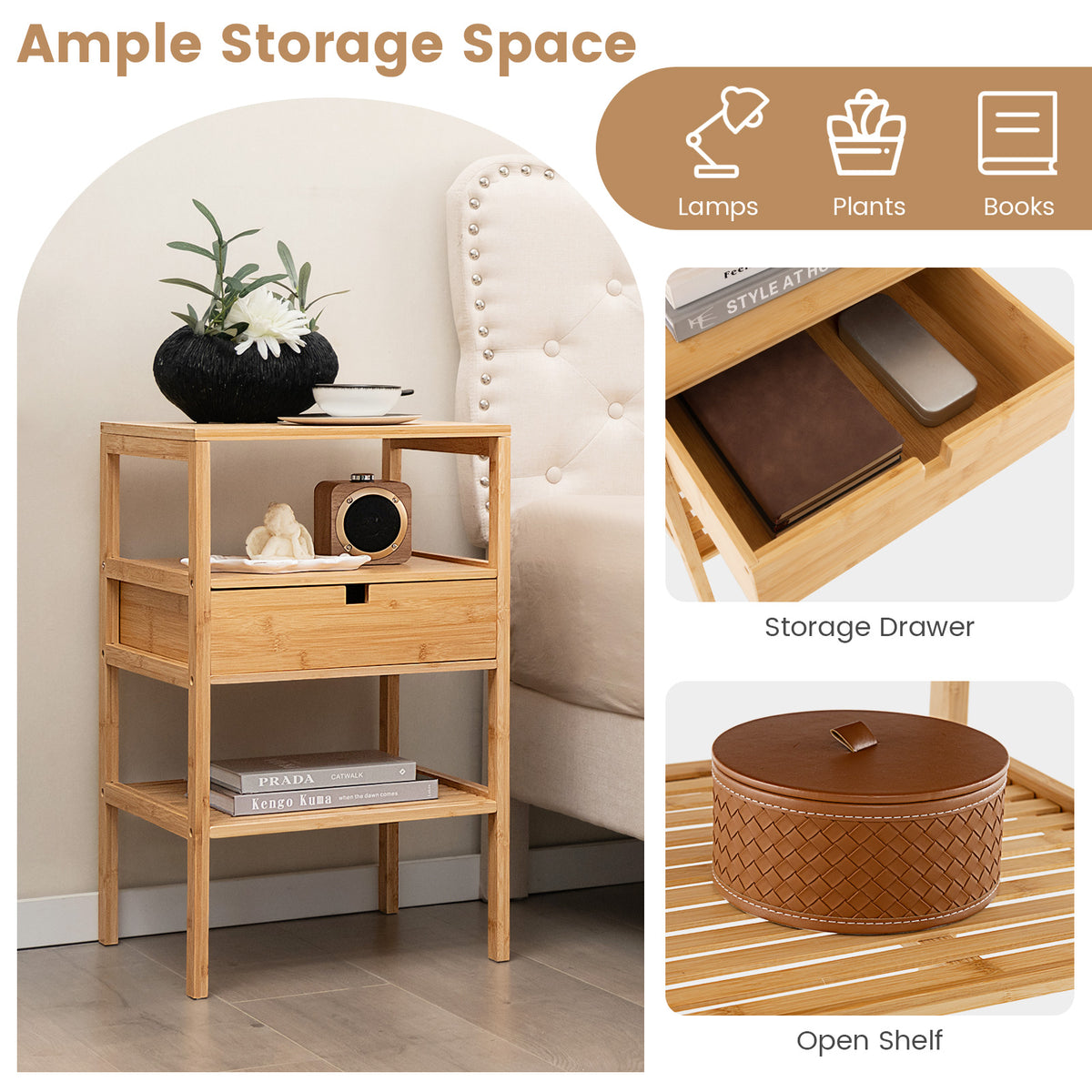 Bamboo Nightstand with Storage Drawer and Slatted Shelf-1 Piece