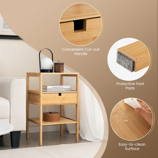 Bamboo Nightstand with Storage Drawer and Slatted Shelf-1 Piece