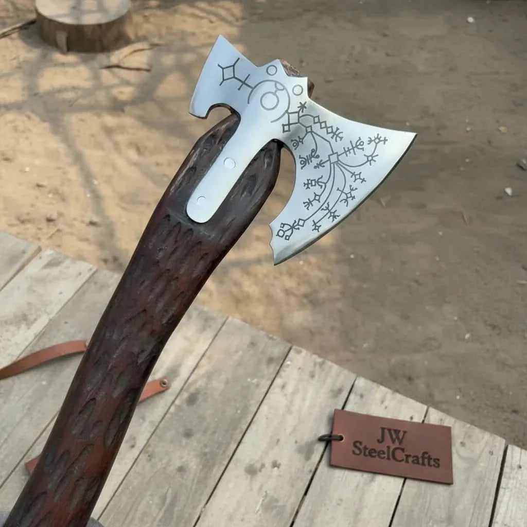 Engraved Leviathan Axe Replica with Carved Wood Handle
