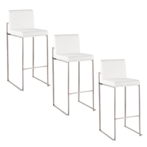 Three Fuji High Back Barstools featuring white cushioned seats and backs, each supported by sleek square metal legs, are arranged in descending height from left to right for a contemporary look.