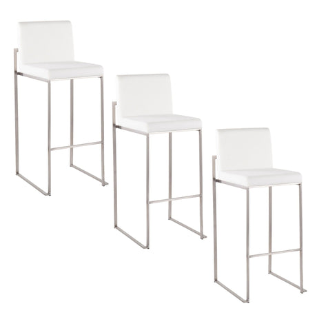 Three Fuji High Back Barstools featuring white cushioned seats and backs, each supported by sleek square metal legs, are arranged in descending height from left to right for a contemporary look.