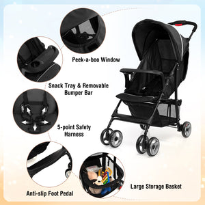 Toddler Travel Stroller for Airplane with Canopy and Adjustable Backrest-Black
