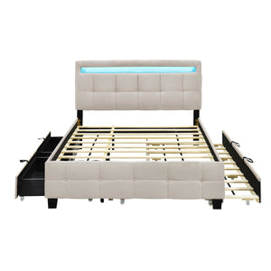 A beige upholstered platform bed features a tufted headboard with an LED light strip, and two storage drawers underneath, supported by wooden slats.