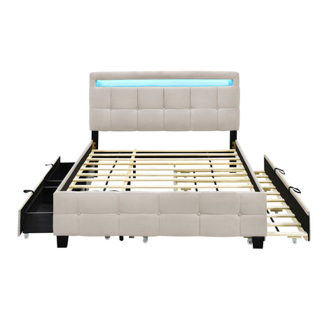 A beige upholstered platform bed features a tufted headboard with an LED light strip, and two storage drawers underneath, supported by wooden slats.