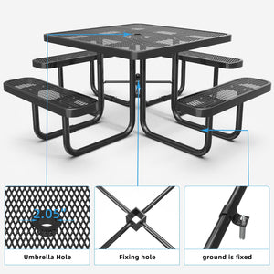 Square Outdoor Steel Picnic Table With Umbrella Pole - Black by Couch.com