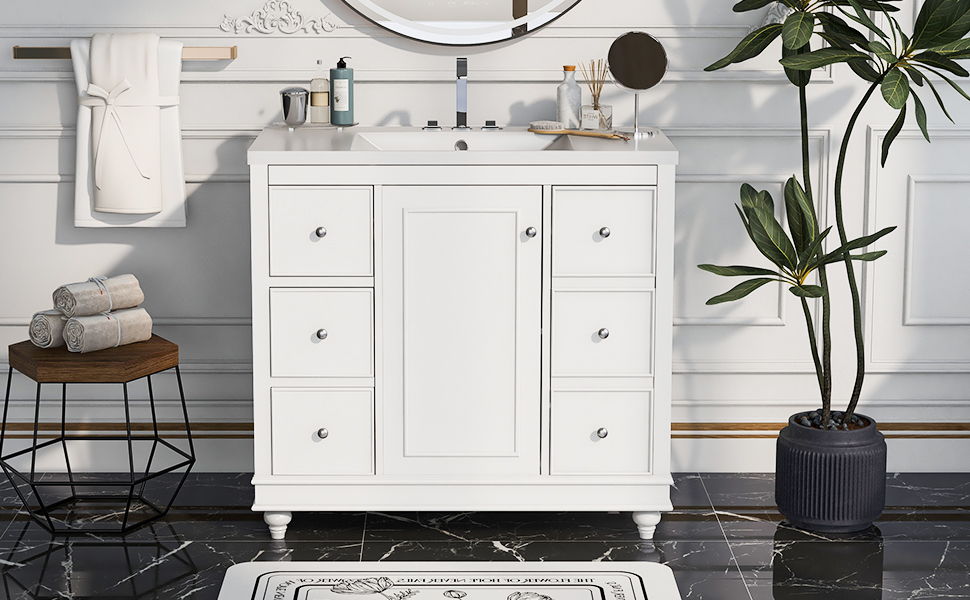 Contemporary Bathroom Vanity Cabinet, 4 Drawers & 1 Cabinet Door, Multipurpose Storage, Resin Integrated Sink, Adjustable Shelves, Solid Wood Frame With MDF by Couch.com