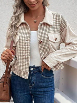 Women's Houndstooth Button-Up Long Sleeve Jacket – Chic & Pocketed Lightweight Outerwear