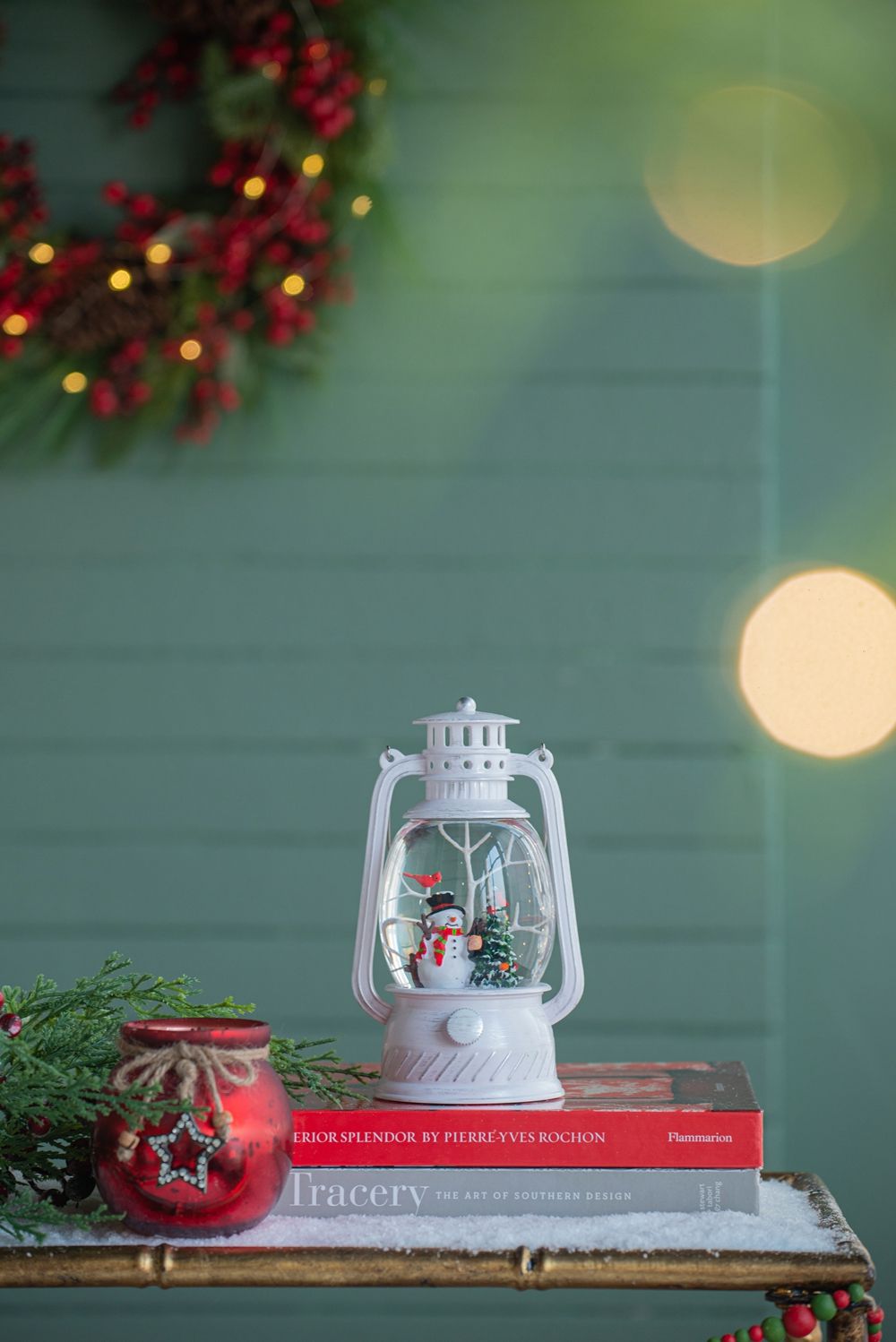 Christmas Plastic / Resin Lantern With Snowman & Tree LED / Water Spinning / 6 Hours Timer, 3*AA Batteries Required - White / Multi by Couch.com