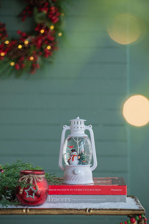 Christmas Plastic / Resin Lantern With Snowman & Tree LED / Water Spinning / 6 Hours Timer, 3*AA Batteries Required - White / Multi by Couch.com