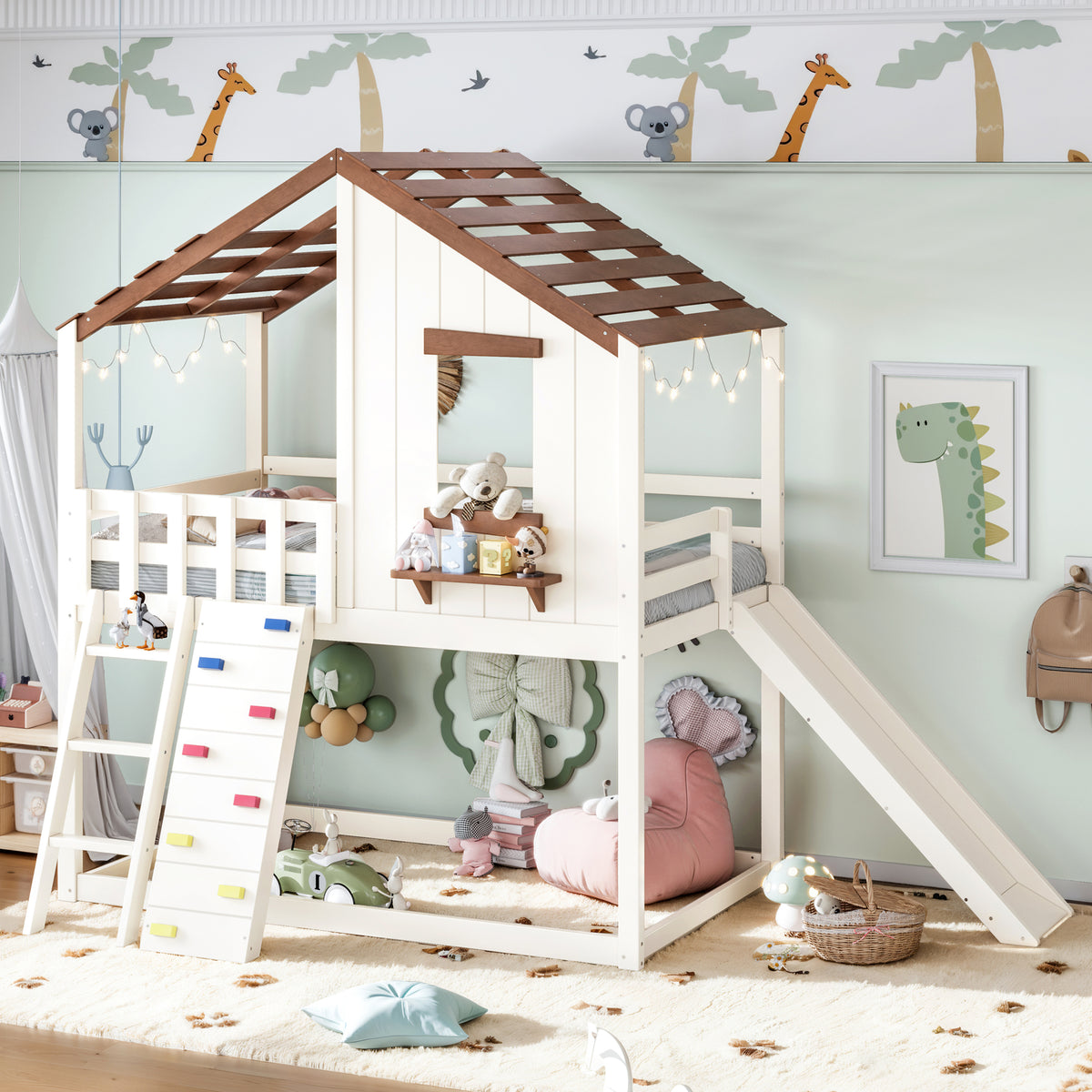 Twin Size Playhouse Loft Bed with Movable Slide, Rock Climbing and Ladder, Wood Loft Bed Frame with Roof and Window,  Various Placement Methods, Converted into Bunk Bed, Beige+Natural