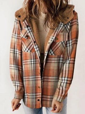 Plaid Snap Down Plush Hooded Jacket Soft & Warm Women Outerwear Cozy And Comfortable Jacket