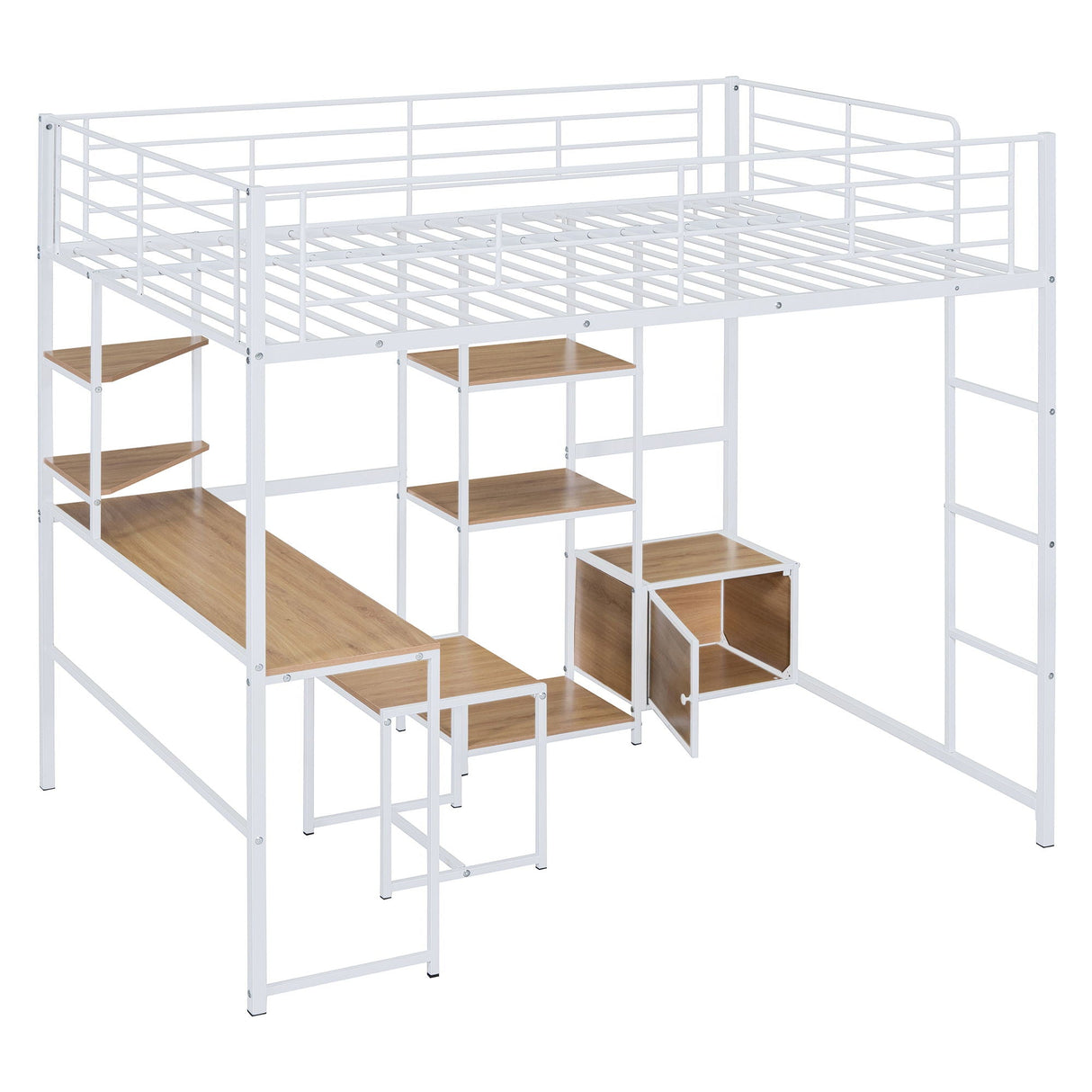 Full Size Loft Bed With Desk And Stool, With Open Style Wardrobe, Shelves And Cabinet - White by Couch.com
