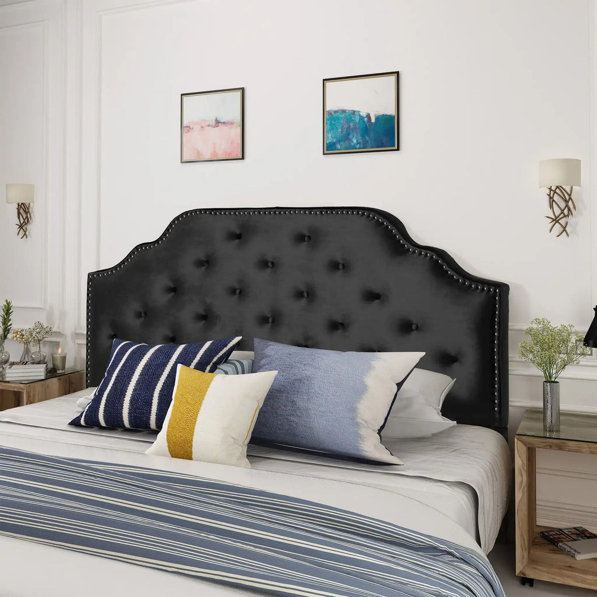 Charismatic Queen Size Headboard with Button Tufting and Nailhead Trim